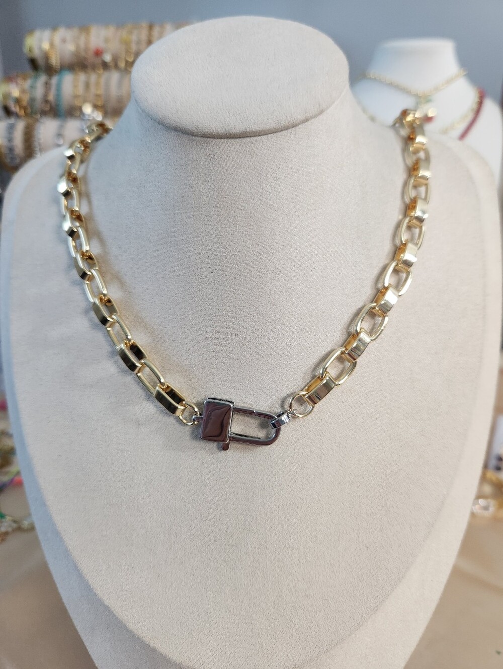Two Tone Chunky Paperclip Charm Holder Necklace